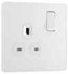 PCDCL21W Front - This Evolve pearlescent white 13A single switched socket from British General has been designed with angled in line colour coded terminals and backed out captive screws for ease of installation, and fits a 25mm back box making it an ideal retro-fit replacement for existing sockets.