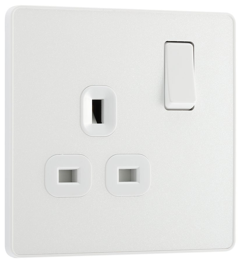 PCDCL21W Front - This Evolve pearlescent white 13A single switched socket from British General has been designed with angled in line colour coded terminals and backed out captive screws for ease of installation, and fits a 25mm back box making it an ideal retro-fit replacement for existing sockets.