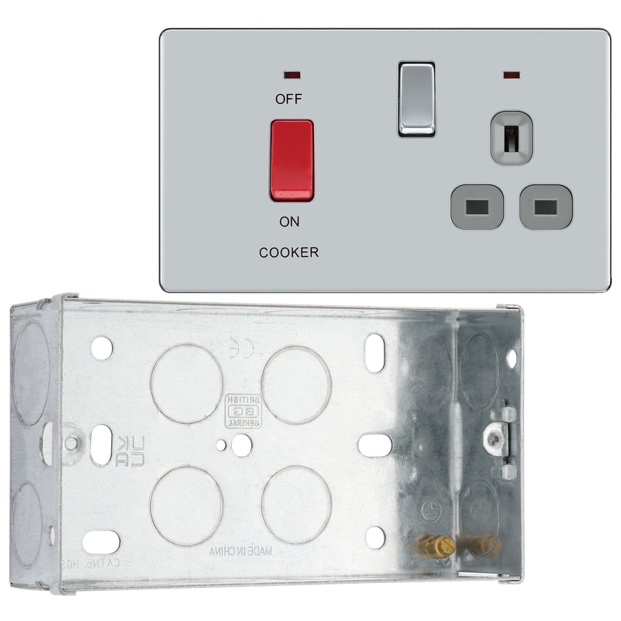 BG Screwless Polished Chrome 45A DP Cooker Neon Socket Switch FPC70G with 35mm Steel Back Box