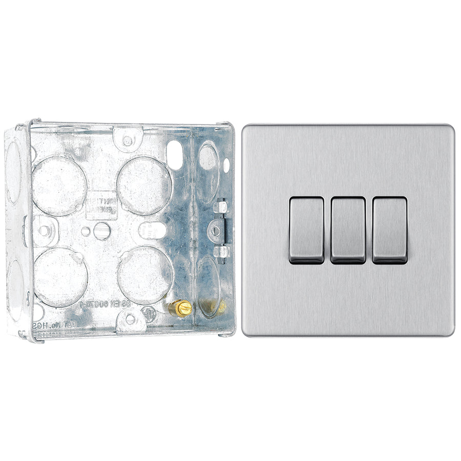BG Screwless Brushed Steel 20A 16AX 2-Way Triple Light Switch FBS43 with 35mm Steel Back Box