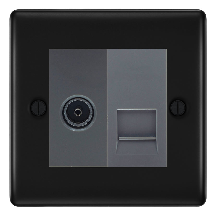 BG Nexus Matt Black TV Aerial & BT Telephone Outlet Plate — Screened + IDC - Grey