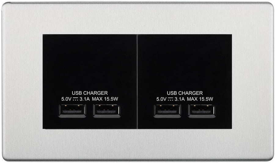 BG Screwless Brushed Steel 4G Euro Plate with 2X USB-A Dual Charger Black Insert
