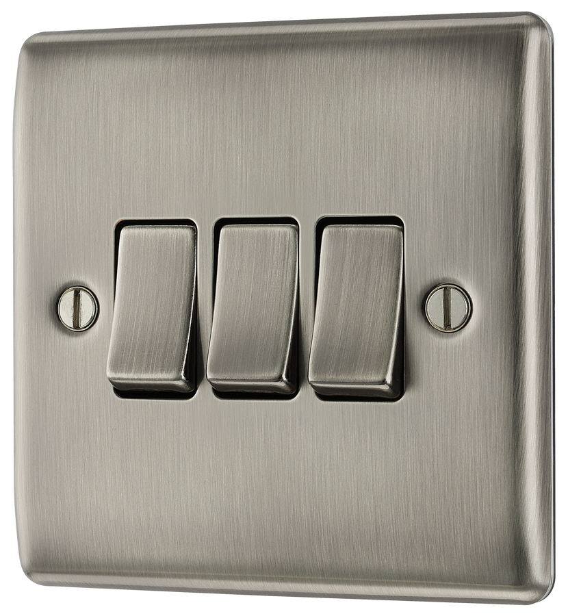 NBI43 Front - This brushed Iridium finish 20A 16AX triple light switch from British General can operate 3 different lights whilst the 2 way switching allows a second switch to be added to the circuit to operate the same light from another location (e.g. at the top and bottom of the stairs).