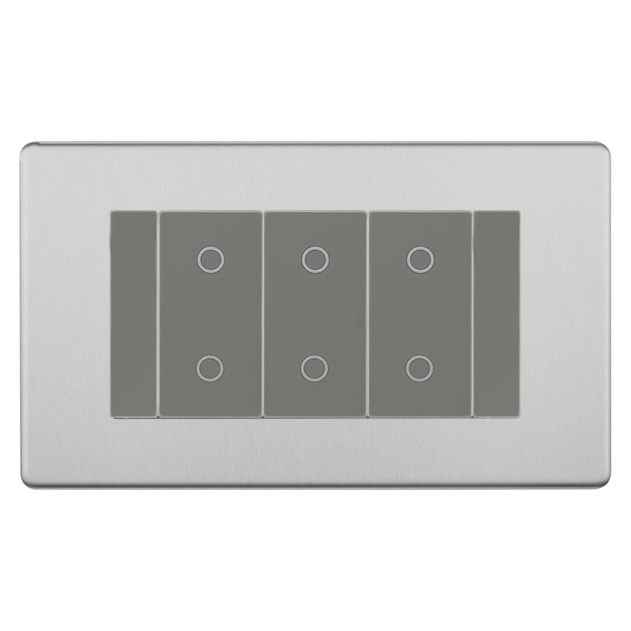 BG Nexus Screwless Brushed Steel Triple Master Touch Dimmer Switch Grey Inserts FBSTDM3G