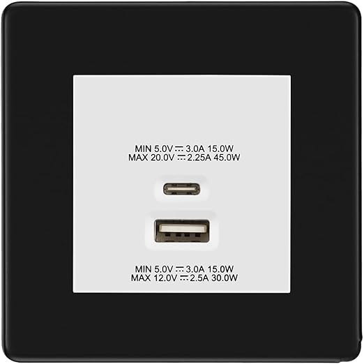 BG Screwless Matt Black 45W USB Wall Socket Euro Module USB-A & C - White Insert