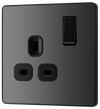 PCDBC21B Front - This Evolve Black Chrome 13A single switched socket from British General has been designed with angled in line colour coded terminals and backed out captive screws for ease of installation, and fits a 25mm back box making it an ideal retro-fit replacement for existing sockets.