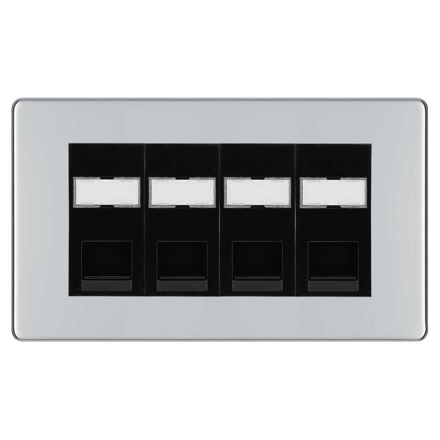 BG Screwless Polished Chrome 4 Gang RJ45 Cat5e Data Socket Black Inserts