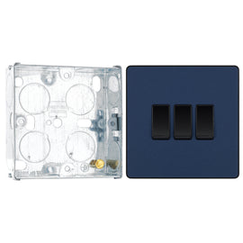 BG Evolve Matt Blue 3 Gang 20A 16AX 2 Way Light Switch PCDDB43B with 25mm Steel Back Box