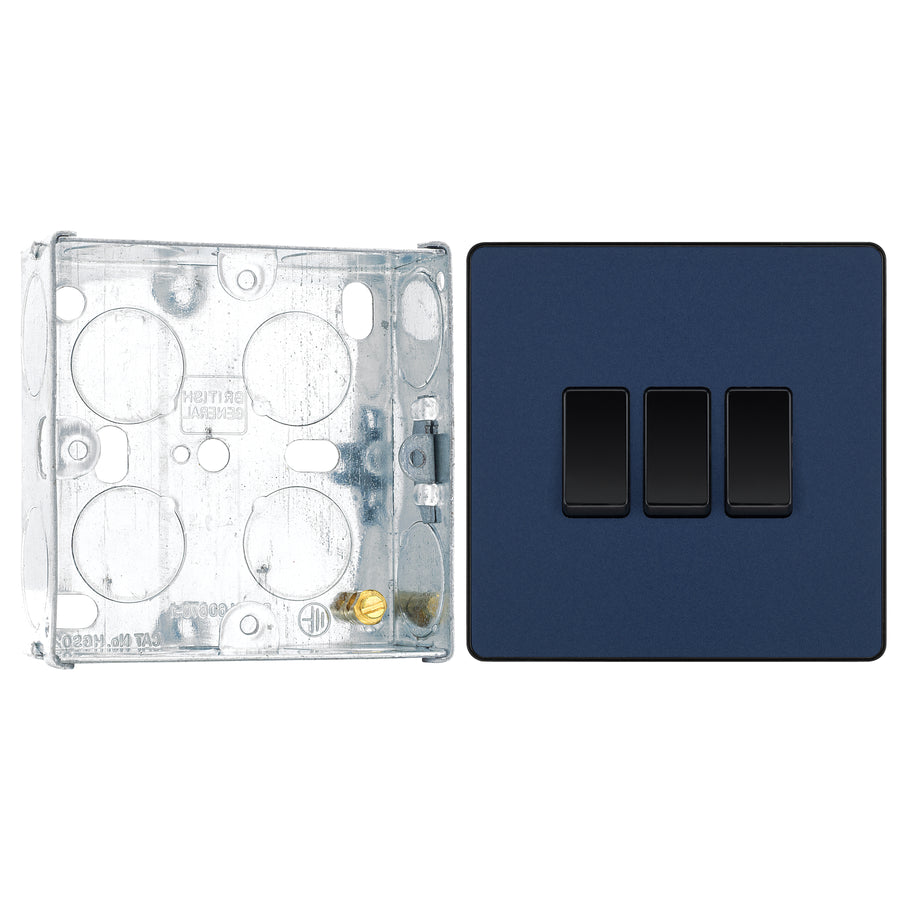 BG Evolve Matt Blue 3 Gang 20A 16AX 2 Way Light Switch PCDDB43B with 25mm Steel Back Box