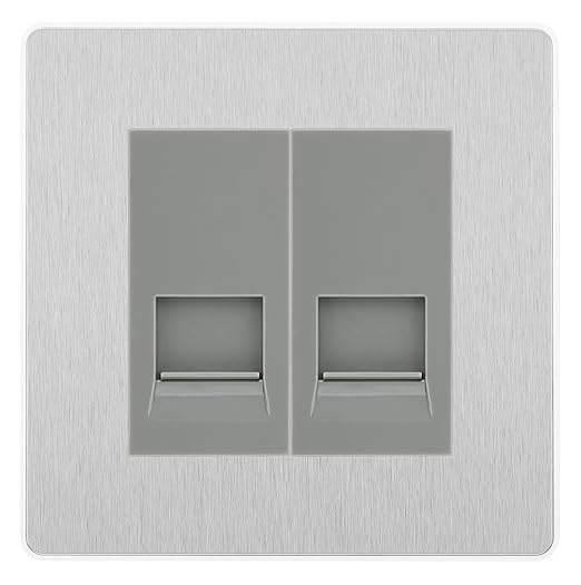 BG Evolve Brushed Steel Double RJ11 Telephone Socket PCDBSRJ112 - Grey Insert