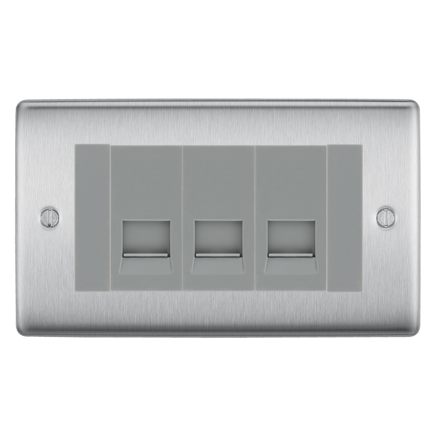 BG Nexus Brushed Steel 3 Gang Master Telephone Socket, Screw Terminal - Grey Insert