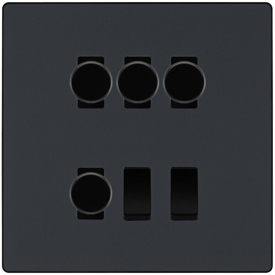 BG Evolve Matt Grey 6 Gang Switch 4x Trailing Edge LED Dimmer 2x Intermediate Custom Grid