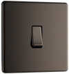 FBN12 Front - This Screwless Flat plate black nickel finish 20A 16AX single light switch from British General will operate one light in a room.