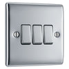 BG Nexus Metal Polished Chrome 20A 16AX 2 Way Triple Light Switch NPC43 with 25mm Steel Back Box