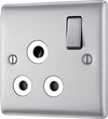 NBS99W Front - This 15A round pin switched socket from British General has a brushed steel finish with an anti-fingerprint lacquer and a sleek and slim profile with softly rounded edges to add a touch of luxury to your decor. 