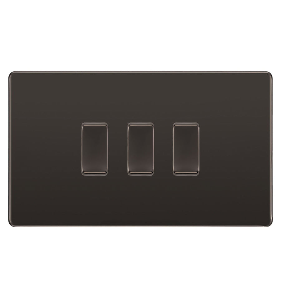 BG Black Nickel Screwless 3 Gang light Switch in Double Format Custom Grid Flat