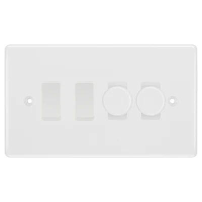 BG White Moulded 4 Gang Light Switch Grid – 2x Trailing-Edge LED Dimmer, 1x Intermediate, 1x 2-Way Switch