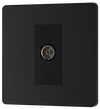 PCDMB60B Front - This Evolve Matt Black single coaxial socket from British General can be used for TV or FM aerial connections. This socket has a low profile screwless flat plate that clips on and off, making it ideal for modern interiors