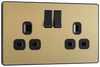 PCDSB22B Front - This Evolve Satin Brass 13A double switched socket from British General has been designed with angled in line colour coded terminals and backed out captive screws for ease of installation, and fits a 25mm back box making it an ideal retro-fit replacement for existing sockets.