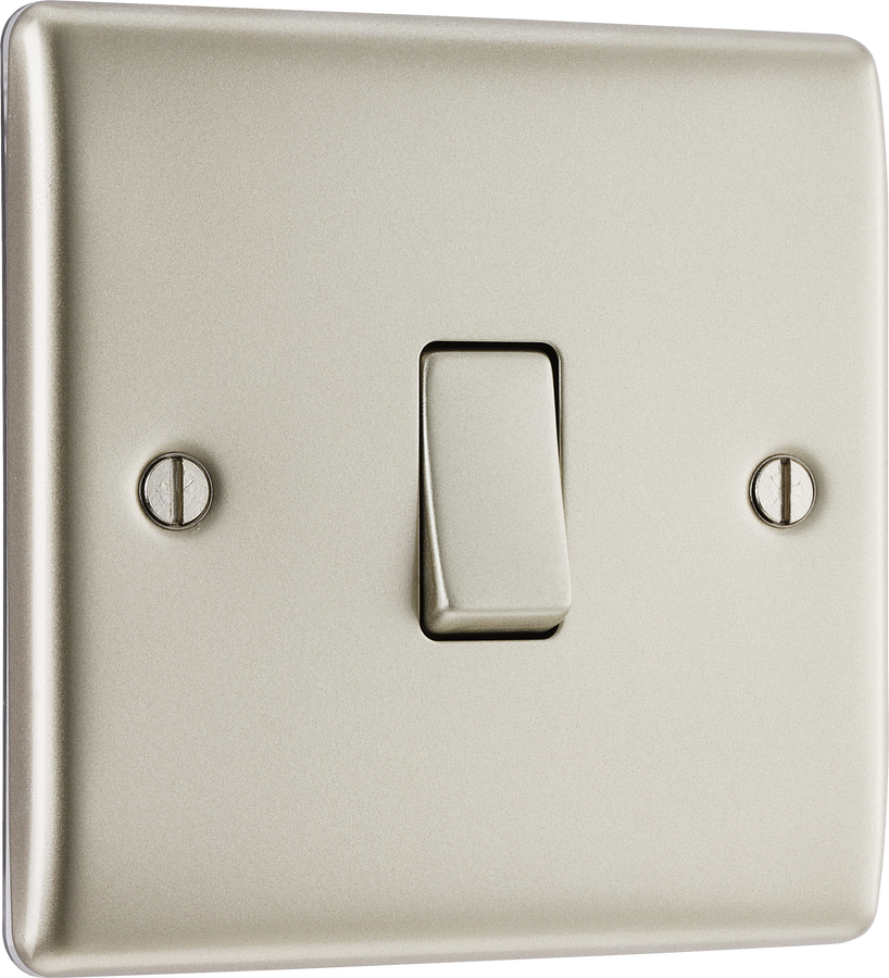 NPR12 Front - This pearl nickel finish 20A 16AX single light switch from British General will operate one light in a room. The 2 way switching allows a second switch to be added to the circuit to operate the same light from another location (e.g. at the top and bottom of the stairs).