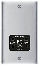 BG NBS20B Metal Brushed Steel 115-230V Dual Voltage Shaver Socket - Black Insert