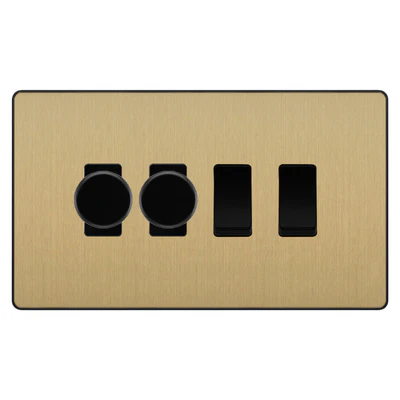 BG Evolve Satin Brass 4 Gang Light Switch Grid – 2x Trailing-Edge LED Dimmer, 1x Intermediate, 1x 2-Way Switch