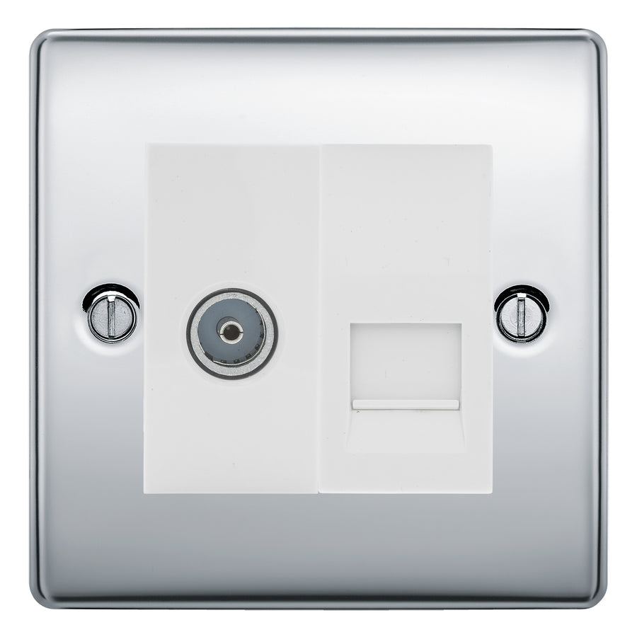 BG Nexus Polished Chrome TV Aerial & BT Telephone Outlet Plate — Screened + IDC - White