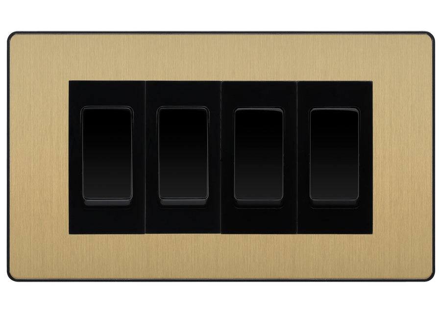 BG Evolve Satin Brass 4 Gang Intermediate Light Switch Custom Grid - Black Insert