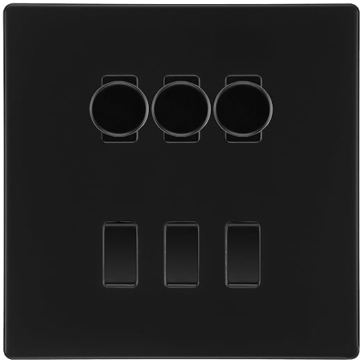BG Screwless Matt Black 6 Gang Switch 3x Trailing Edge LED Dimmer 3x Intermediate Custom Grid Switch
