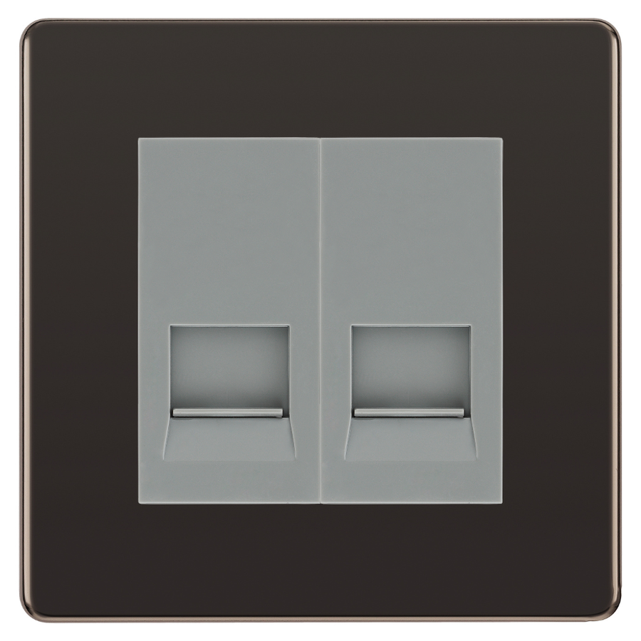BG Screwless Black Nickel Double Master Telephone Socket, Screw Terminal - Grey Insert