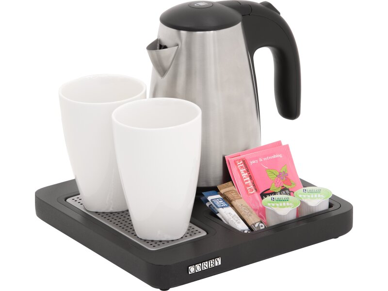 Corby Aintree Compact Welcome Tray in Black with 0.6L Kettle in Brushed Steel - UK Plug