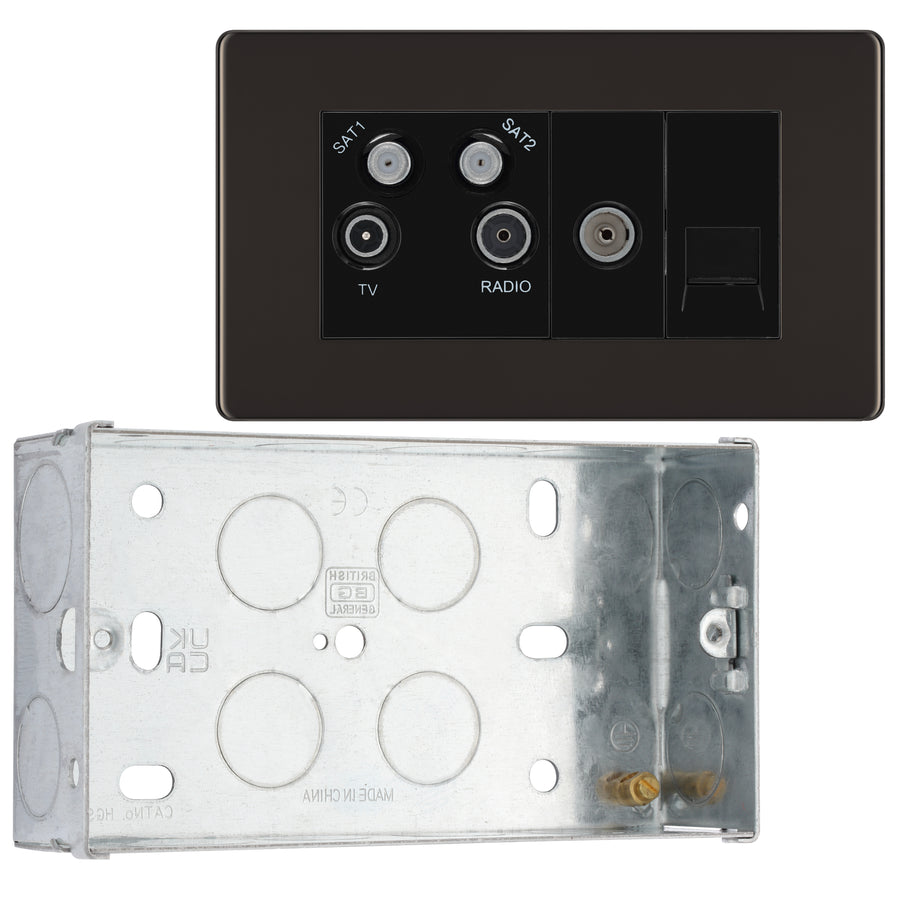 BG Screwless Black Nickel Quadplex TV FM SAT (x2) FBN69 with 35mm Steel Back Box