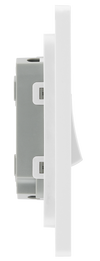 PCDBS42W Side - This Evolve Brushed Steel 20A 16AX double light switch from British General can operate 2 different lights, whilst the 2 way switching allows a second switch to be added to the circuit to operate the same light from another location (e.g. at the top and bottom of the stairs).