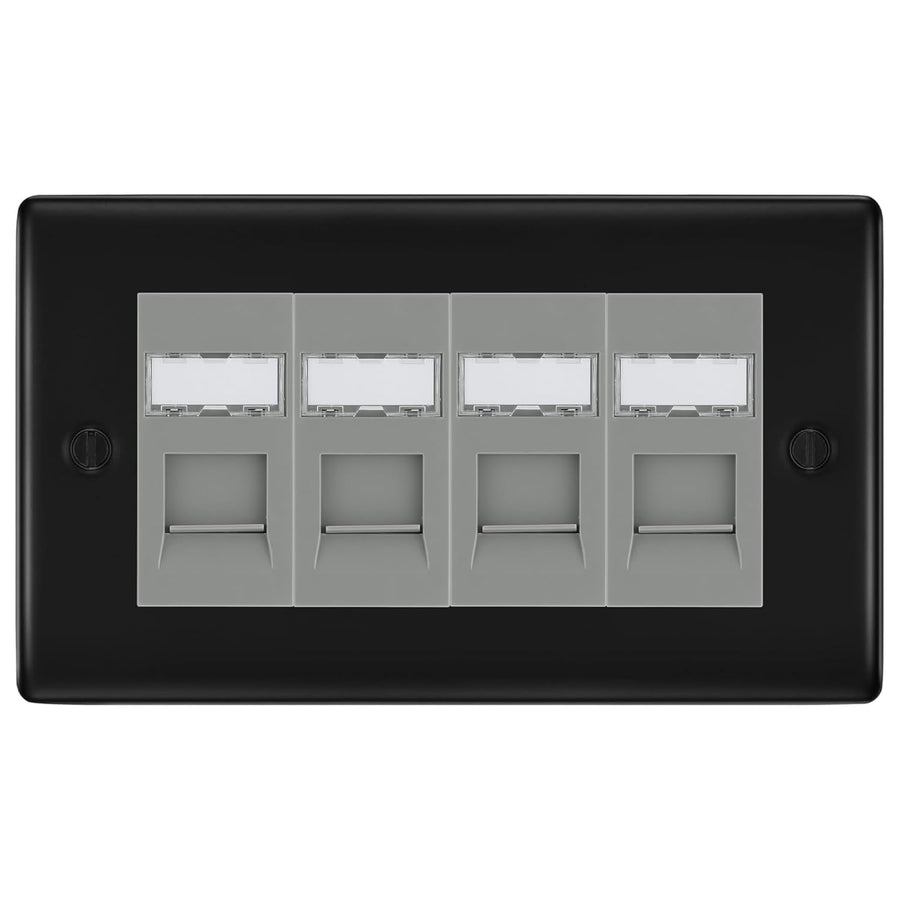 BG Nexus Matt Black 4 Gang RJ45 Cat6 Data Socket Outlet Grey Inserts