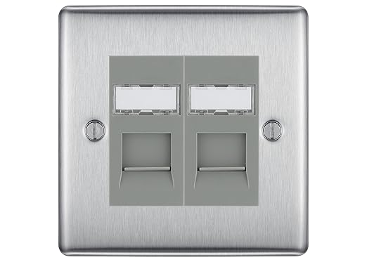 BG Nexus Metal Brushed Steel 2 Gang RJ45 Data Socket NBSRJ452G Grey Inserts