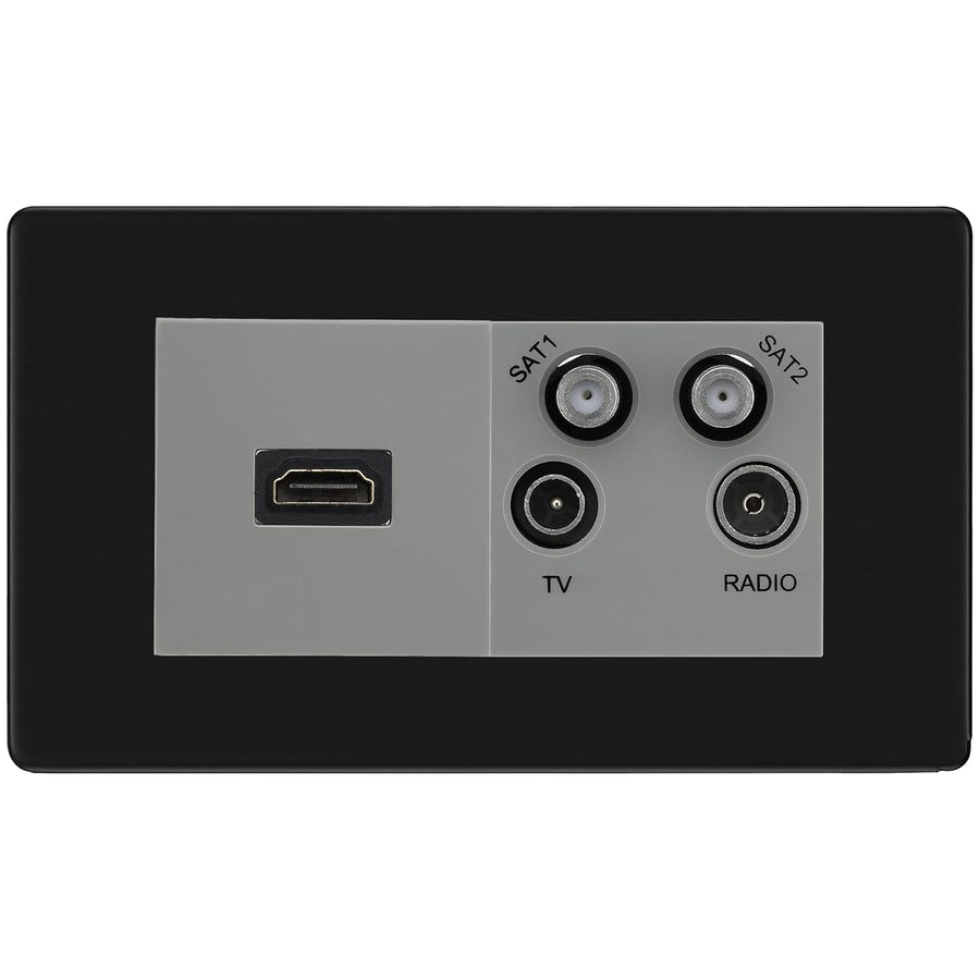 BG Screwless Matt Black 4G Faceplate with HDMI + TV/FM/SAT Module - Grey Insert
