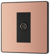 PCDCP60B Front - This Evolve Polished Copper single coaxial socket from British General can be used for TV or FM aerial connections. This socket has a low profile screwless flat plate that clips on and off, making it ideal for modern interiors.