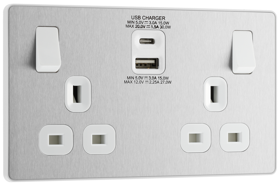 PCDBS22UAC30W Front - This Evolve Brushed Steel 13A power socket from British General with integrated fast charge USB-A and USB-C ports delivers a 50% charge to mobile phones in just 30 minutes.