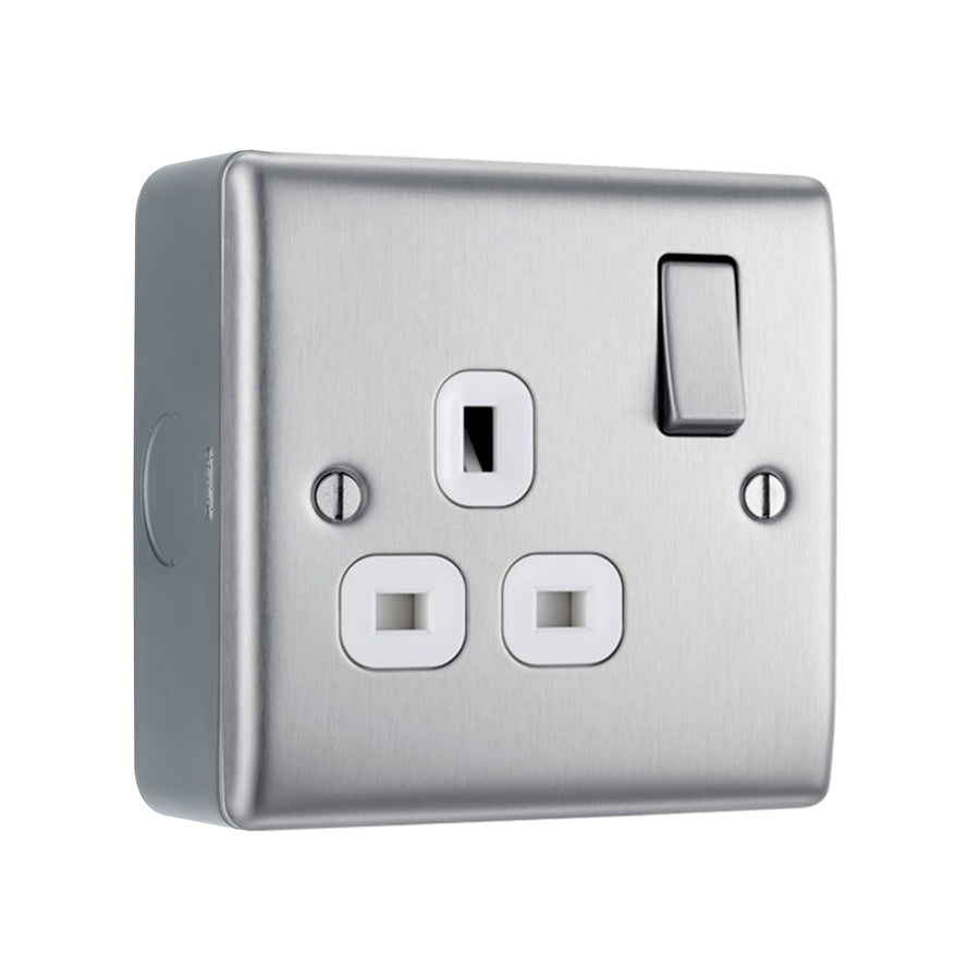 Brushed Steel 1 Gang 13A Switched Single Socket & Surface Pattress Back Box