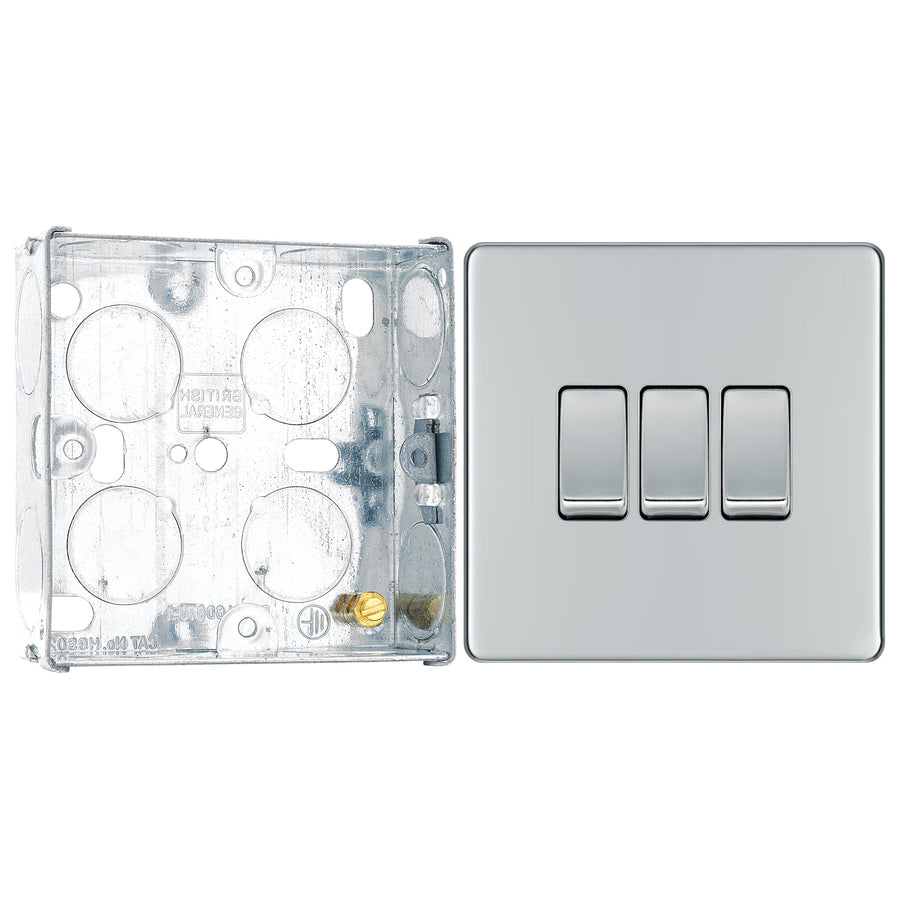 BG Screwless Polished Chrome 20A 16AX 2 Way Triple Light Switch FPC43 with 25mm Steel Back Box