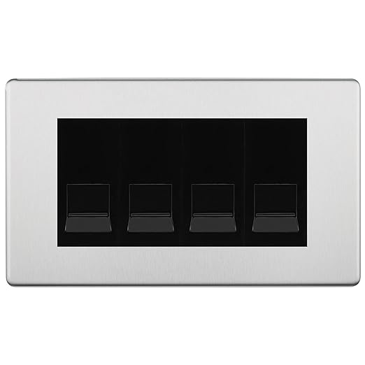 BG Screwless Brushed Steel 4 Gang IDC Secondary Telephone Socket - Black Insert