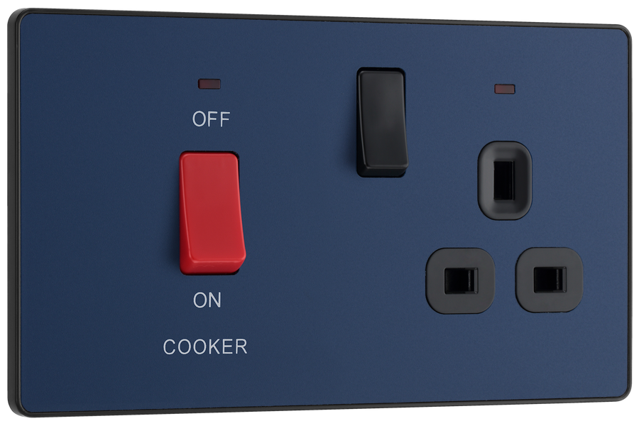 BG PCDDB70B Matt Blue Evolve 45A 2 Pole Cooker Control Unit 13A Switched Socket - Black Insert