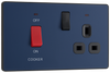 PCDDB70B Front -This Evolve Matt Blue 45A cooker control unit from British General includes a 13A socket for an additional appliance outlet, and has flush LED indicators above the socket and switch.
