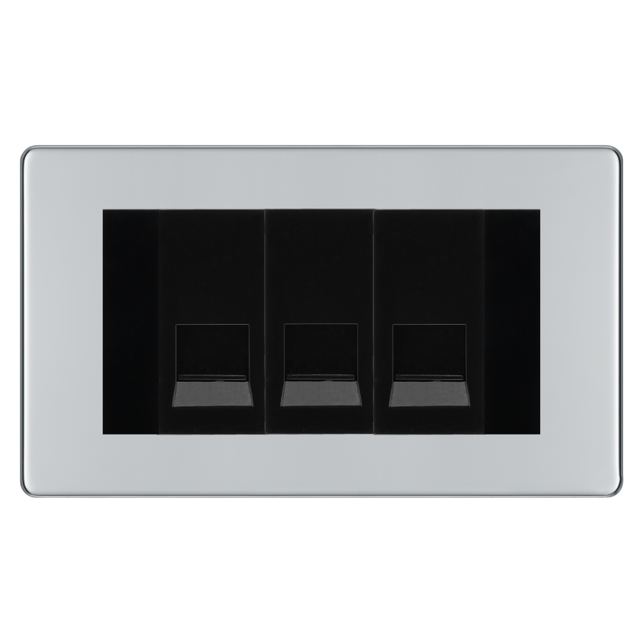 BG Screwless Polished Chrome 3 Gang Secondary Telephone Socket, Screw Terminal - Black Insert