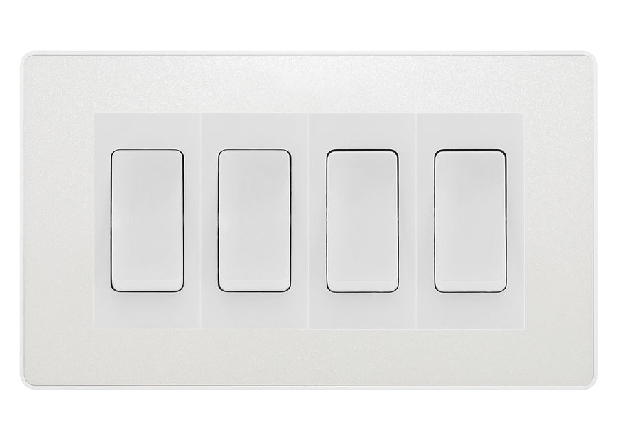 BG Evolve Pearlescent White 4-Gang Light Switch 1x 2-Way + 3x Intermediate – White Inserts