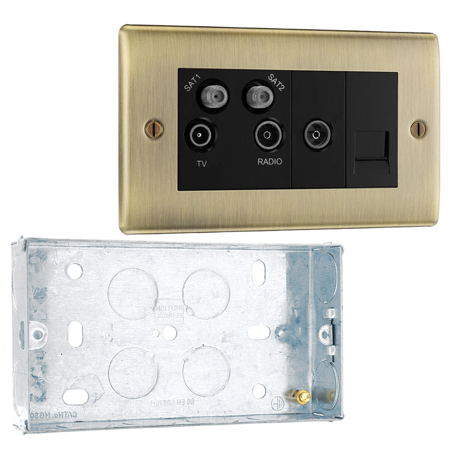 BG Nexus Antique Brass Quadplex TV FM SAT (x2) NAB69 with 25mm Steel Back Box