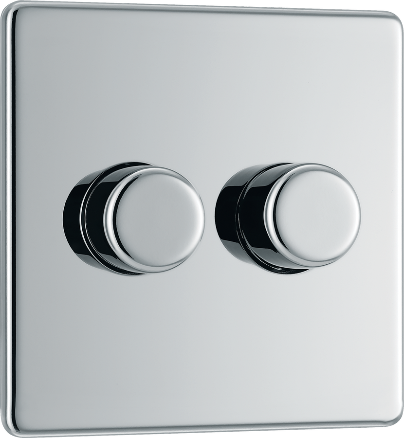 BG FPC82 Nexus Screwless Flatplate | Polished Chrome | 2 Gang 200W 2 Way Trailing-Edge Push Dimmer Switch