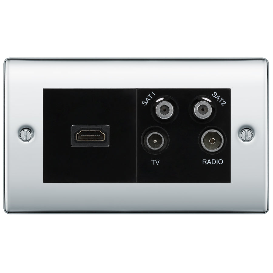 BG Nexus Polished Chrome 4G Faceplate with HDMI + TV/FM/SAT Module - Black