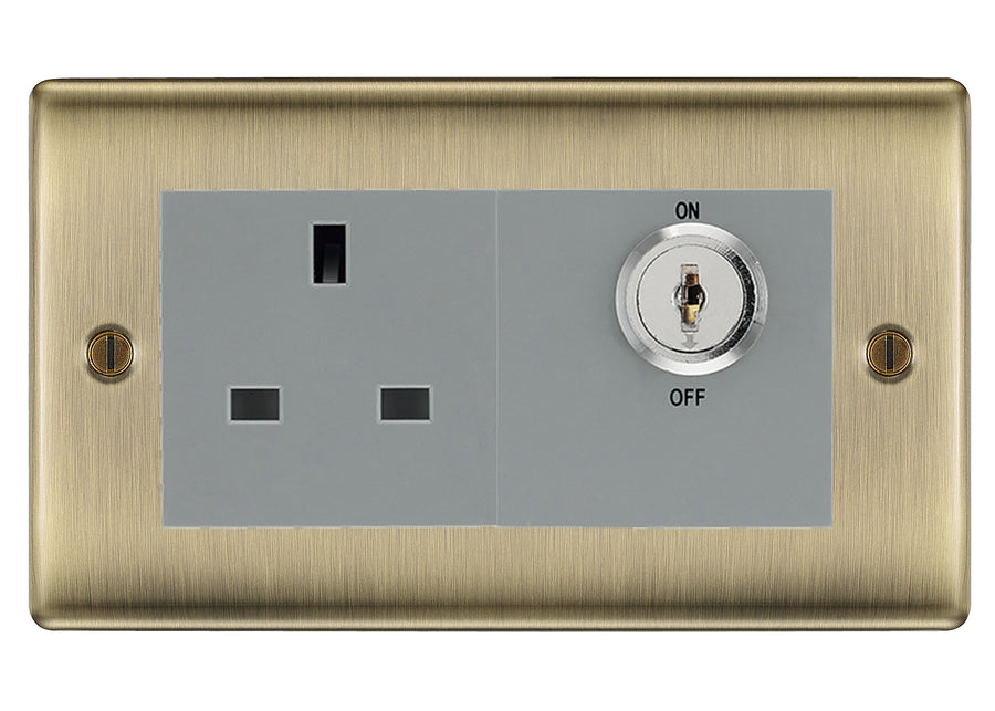 BG Nexus Antique Brass 13A Double Pole Key Controlled Socket – Grey Inserts