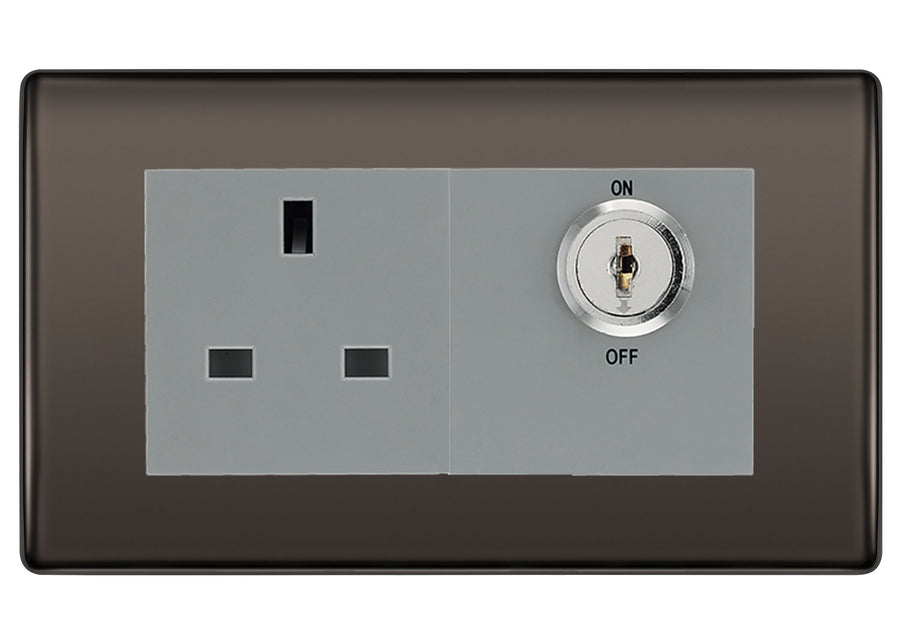 BG Nexus Black Nickel 13A Double Pole Key Controlled Socket – Grey Inserts